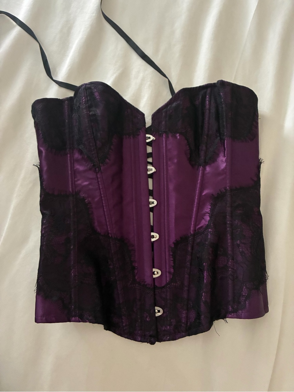Purple Lace-Trim Satin Corset Bustier